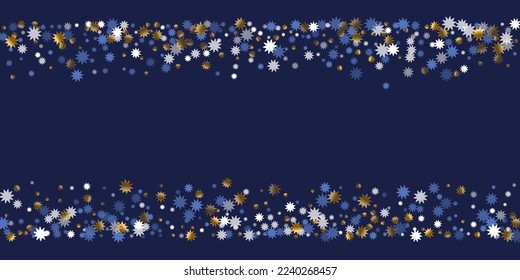 Chic Christmas star holiday ornament illustration. Gold blue white sparkle confetti. Poster starburst ornament. Christmas star shape glitter. Party seasonal wallpaper.
