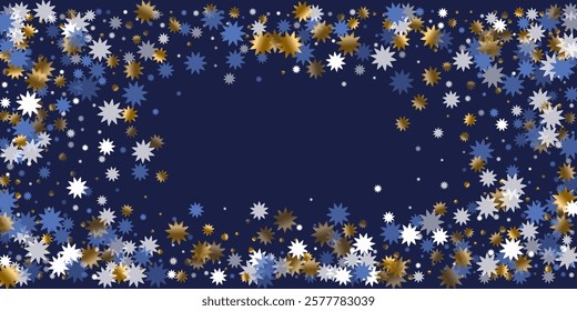 Chic Christmas star holiday pattern illustration. Gold blue white twinkle confetti. Banner snowflake pattern. Christmas star icon confetti. Party seasonal decor.