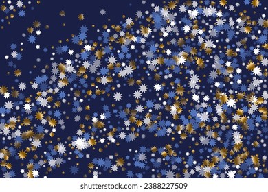 Ilustración vectorial de estrella de Navidad elegante. Decoración dorada, blanca y brillante. Patrón de copos de nieve de carteles. Partículas de símbolo de estrella de Navidad. Papel pintado de cristal moderno.
