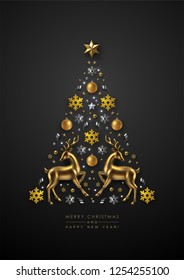 Chic Christmas Tree made of Gold and Silver Festive Elements - Christmas Ornaments, Glitter Snowflakes, Glass Reindeer and Beads. 