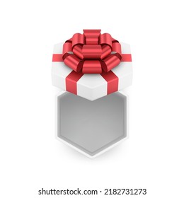 Chic classic hexagonal empty cardboard present package for seasonal holiday congratulations 3d realistic vector illustration. Luxury white wrapped polygonal gift box with open cap top view isolated
