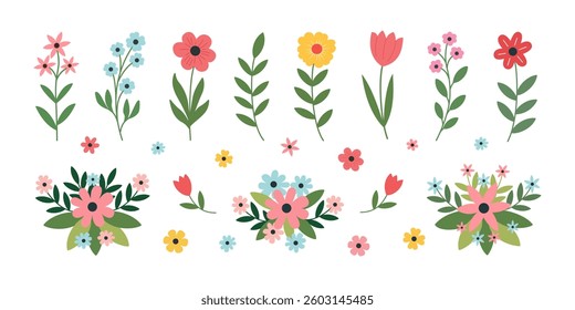 A chic collection of floral elements on a white background, showcasing various flowers, tulips, and greenery—perfect for weddings, invitations, greeting cards, posters, branding, and refined designs.