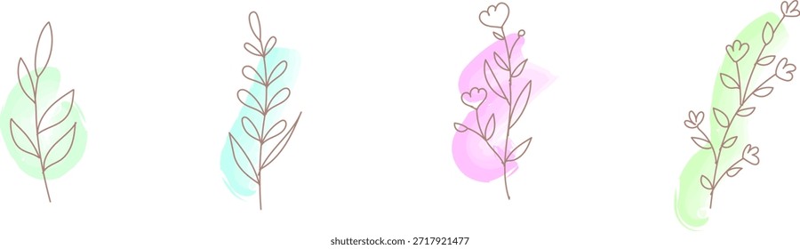 Una colección elegante de adornos de hojas dibujados a mano realzados con sutiles reflejos de acuarela. Perfecto como elegantes acentos de un punto para fondos, tarjetas, invitaciones, carteles y proyectos de Diseño gráfico refinados.