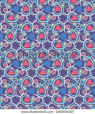 Chic colorful seamless pattern with swirls. Overlapping art forms, stripes, polygons, segments are grouped and arranged in a certain order. Vector. 