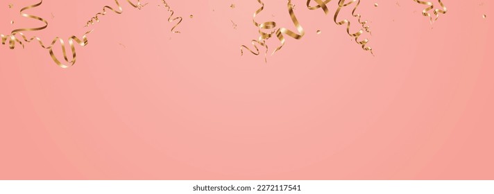 Chic Confetti Flying Vector Panoramic Pink Background. Falling Streamer Design. Serpentine Christmas Template. Golden Fun Illustration.