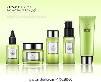 Chic cosmetic package template, mockup template design with green container. 3D illustration