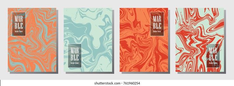 Chic Cover mit minimalistischen Vektorhintergründen aus rotem und blauem Marmor, die für das Design von Modemagazinen bestimmt sind. Marmorsteinoberflächen-Textur mit flüssigem Effekt. Abdeckung des Vektorhintergrunddesigns.