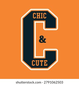 Chic and Cute collegiate varsity style letter C typography. Retro athletic block lettering design on a vibrant orange background, perfect for streetwear apparel prints and posters.