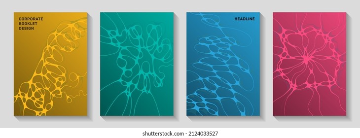 Chic dance party posters. Linked curve lines blockchain backgrounds. Colorful cover vector layouts. Electronic music party posters set fluid wavy graphic design.