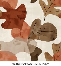 Chic Dark Brown Beige Oak Eucalyptus Leaf Foliage Watercolor Abstract Scandinavian Design Seamless Pattern Wallpaper Curtain Bedding Background Upholstery Gift Wrapping Paper Vector