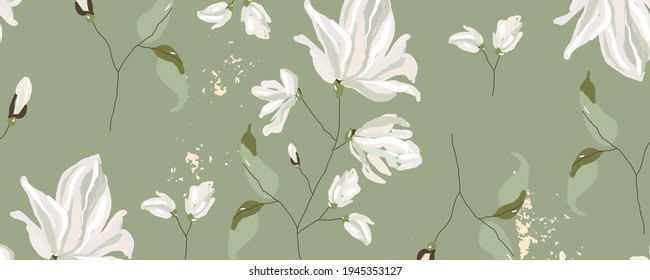 Chic and delicate white magnolia flower branches blossom elegant hand drawn floral botanical pattern on green  background with gold foil touch. Modern feminine digital paper texture