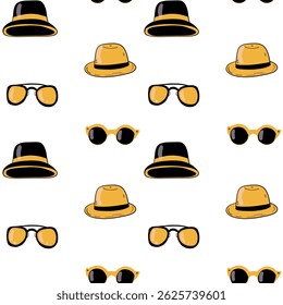 Chic doodle-style hats and sunglasses, seamless pattern, featuring bold black and yellow color scheme. Perfect for fashion-forward projects, summer themes, and stylish branding materials.