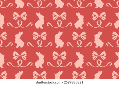 Chic Easter seamless background. Playful bunny silhouettes and elegant ribbon bows on a bright red background. Perfect for wrapping paper, textiles, stationery, and cute festive designs