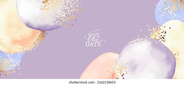 Chic, elegant background with pink watercolor colorful citcles, ovals. Golden shiny splatters, dots. Abstract art design with place for text.