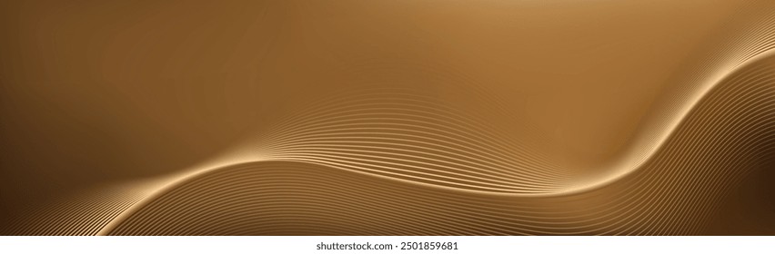 Chic elegant card in brown, beige, yellow shades. Golden, copper lines, waves. Geometric pattern. Cover, packaging, business brand template.