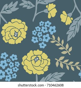 Chic elegant romantic tender colorful seamless hand-drawn floral pattern with yellow and blue flowers on a dark background. Vector illustration.