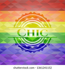 Chic emblem on mosaic background with the colors of the LGBT flag