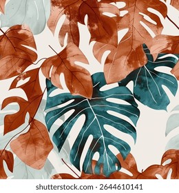 Chic outono inverno Brown Cinza Verde Monstera Folha Folhagem Aquarela Abstrato Projeto Escandinavo Padrão Sem Costura Papel De Parede Cortina Fundo Estofado Papel De Envolvimento Vetor
