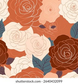 Chic Fall Winter Terra Brown French Grey White Abstract Rose Flower Elegant Leaf Watercolor Scandinavian Design Seamless Pattern Wallpaper Curtain Bedding Upholstery Pastel Fabric Background Vector