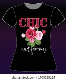 Chic and Famous, slogan lovely graphic design and cute flowers graphic design print for tee and t shirt and fabric