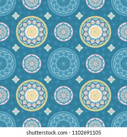 Chic fashion Pastel mandala flower and Thai style seamless pattern vector on pastel blue background