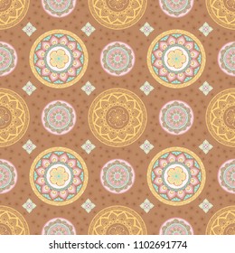 Chic fashion Pastel mandala flower and Thai style seamless pattern vector on pastel brown background