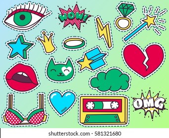 Chic Fashion Patch Badges with Heart, Lips, Crown, Cloud, Ring, Bra, Magic Wand, Cat. Vector Illustration Isolated on White Background. Set of Stickers, Pins, Patches in Cartoon 80s-90s Comic Style.