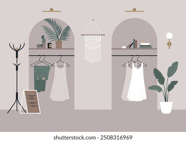 A chic fashion store interior features two archways adorned with beautiful dresses and leafy plants, creating a serene shopping atmosphere filled with style and elegance