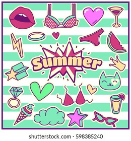 Chic Fashion Summer Patch Badges with Bra, Hearts, Stars, Crown, Ice Cream, Cat, Lips, Ring, Cloud, Watermelon, Sunglasses, Juice. Set of Stickers, Pins, Patches in Cartoon 80s-90s Comic Style.