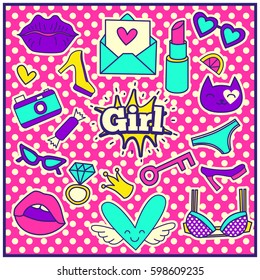 Chic Fashion Summer Patch Badges with Bra, Hearts, Crown, Lemon, Cat, Lips, Ring, Letter, Sunglasses, Shoes, Camera, Key, Lipstick. Set of Stickers, Pins, Patches in Cartoon 80s-90s Comic Style.