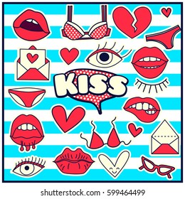 Chic Fashion Summer Patch Badges with Kiss, Bra, Hearts, Eye, Lips, Letter, Sunglasses, Shoes. Set of Stickers, Pins, Patches in Cartoon 80s-90s Comic Style.