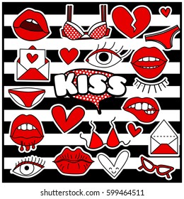 Chic Fashion Summer Patch Badges with Kiss, Bra, Hearts, Eye, Lips, Letter, Sunglasses, Shoes. Set of Stickers, Pins, Patches in Cartoon 80s-90s Comic Style.