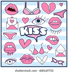 Chic Fashion Summer Patch Badges with Kiss, Bra, Hearts, Eye, Lips, Letter, Sunglasses, Shoes. Set of Stickers, Pins, Patches in Cartoon 80s-90s Comic Style.