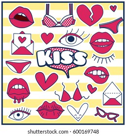 Chic Fashion Summer Patch Badges with Kiss, Bra, Hearts, Eye, Lips, Letter, Sunglasses, Shoes. Set of Stickers, Pins, Patches in Cartoon 80s-90s Comic Style.
