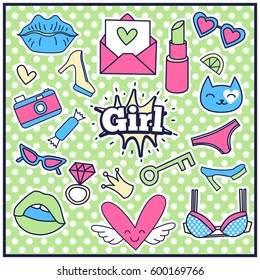 Chic Fashion Summer Patch Badges with Bra, Hearts, Crown, Lemon, Cat, Lips, Ring, Letter, Sunglasses, Shoes, Camera, Key, Lipstick. Set of Stickers, Pins, Patches in Cartoon 80s-90s Comic Style.