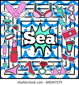 Chic Fashion Summer Patch Badges with Sea, Lipstick, Bra, Hearts, Camera, Sunglasses, Shoes, Candy, Ring, Drinks. Set of Stickers, Pins, Patches in Cartoon 80s-90s Comic Style.