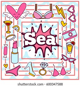 Chic Fashion Summer Patch Badges with Sea, Lipstick, Bra, Hearts, Camera, Sunglasses, Shoes, Candy, Ring, Drinks. Set of Stickers, Pins, Patches in Cartoon 80s-90s Comic Style.