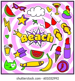 Chic Fashion Summer Patch Badges with Beach Expression, Lipstick, Bra, Hearts, Shit, Sunglasses, Banana, Drinks, Cloud, Star, Watermelon. Set of Stickers, Pins, Patches in Cartoon 80s-90s Comic Style.