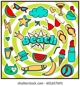 Chic Fashion Summer Patch Badges with Beach Expression, Lipstick, Bra, Hearts, Camera, Sunglasses, Banana, Drinks, Cloud, Star, Watermelon. Stickers, Pins, Patches in Cartoon 80s-90s Comic Style.