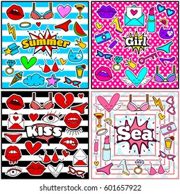 Chic Fashion Summer Patch Badges Sets with Sea, Summer, Girl, Kiss, Lipstick, Cat, Hearts, Camera, Sunglasses, Shoes, Candy, Ring, Drink, Key. Stickers, Pins, Patches in Cartoon 80s-90s Comic Style.