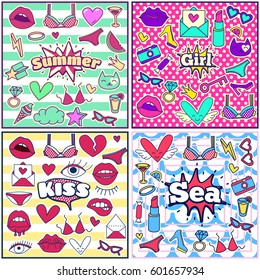 Chic Fashion Summer Patch Badges Sets with Sea, Summer, Girl, Kiss, Lipstick, Cat, Hearts, Crown, Sex, Shoes, Candy, Star, Drink, Key. Set of Stickers, Pins, Patches in Cartoon 80s-90s Comic Style.
