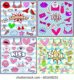 Chic Fashion Summer Patch Badges Sets with Sea, Summer, Girl, Kiss, Lipstick, Bra, Hearts, Camera, Sunglasses, Shoes, Candy, Ring, Drink. Set of Stickers, Pins, Patches in Cartoon 80s-90s Comic Style.