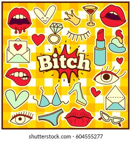 Chic Fashion Summer Patch Badges with Bitch Expression, Letter, Shit, Crown, Bra, Bikini, Lipstick, Heart, Glasses, Shoes, Ring, Drinks. Set of Stickers, Pins, Patches in Cartoon 80s-90s Comic Style.