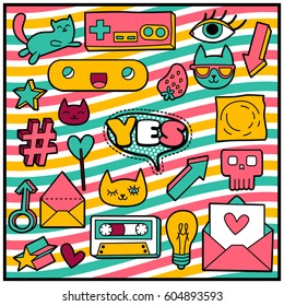 Chic Fashion Summer Patch Badges with YES Expression, Letter, Cat, Strawberry, Skulls, Lamp, Cassette, Star, Candy, 8 Bit Console. Set of Stickers, Pins, Patches in Cartoon 80s-90s Comic Style.