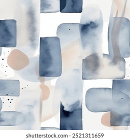 Chic Fashionable Blue Brown French Grey White Abstract Geometric Square Rectangle Watercolor Scandinavian Design Seamless Pattern Wallpaper  Bedding Fabric Pastel Gift Wrapping Paper Background Vector