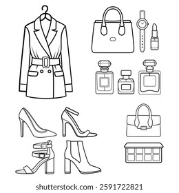A chic and fashionable doodle set that includes stylish items like coats, shoes, accessories, and beauty products. Perfect for adding a trendy, feminine touch to your designs or creative projects.