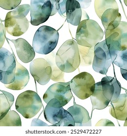 Chic Fashionable Olive Moss Teal Rain Forest Grey Eucalyptus Leaf Watercolor Abstract Scandinavian Design Seamless Pattern Wallpaper Curtain Bedding Background Upholstery Gift Wrapping Paper Vector 
