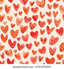 Chic Fashionable Red Orange Hearts all kinds of shapes and sizes: Colorful Watercolor Seamless Pattern Wallpaper Curtain Bedding Upholstery Fabric White Background Gift Wrapping Paper Vector