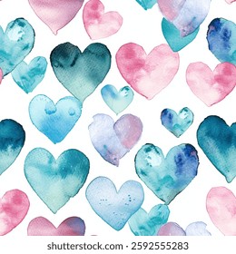 Chic Fashionable Teal Pink Green Hearts all kinds of shapes and sizes: Colorful Watercolor Seamless Pattern Wallpaper Curtain Bedding Upholstery Fabric White Background Gift Wrapping Paper Vector