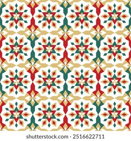 Chic festive Christmas pattern of snowflakes in red, green, gold tones. Beautiful abstract geometric background with multi-colored stars. Texture for paper, wallpaper, fabric, textile, packaging.